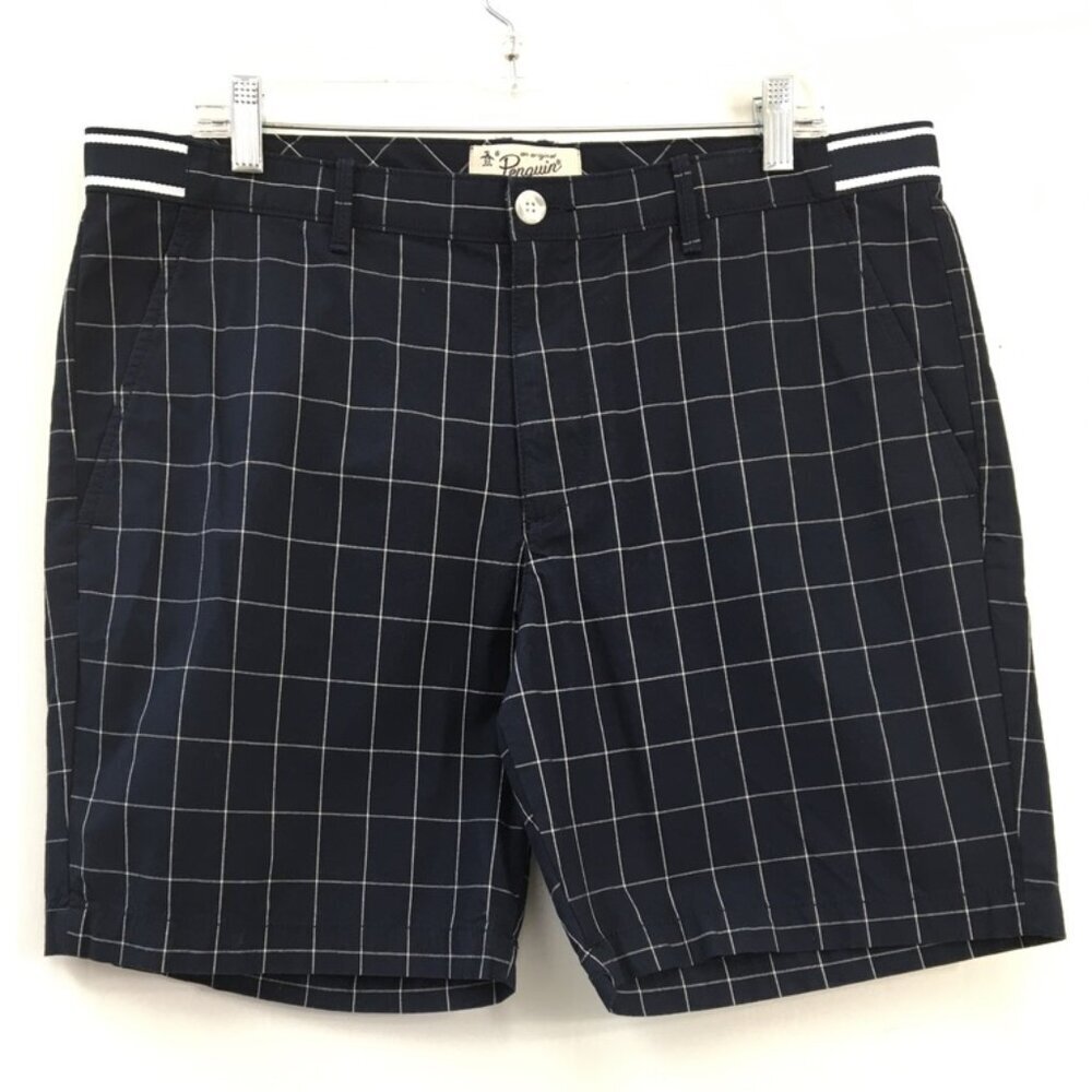 Penguin Mens Navy Plaid 100% Cotton Chino Short Size 36 EXCELLENT Condition